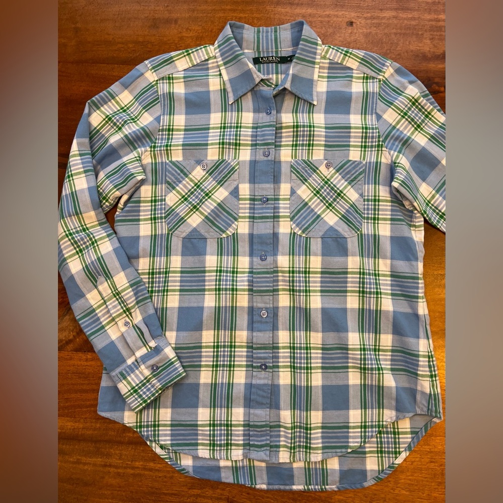 Lauren Ralph Lauren Button Down Plaid Shirt Top Roll Up Sleeves Women's Size M